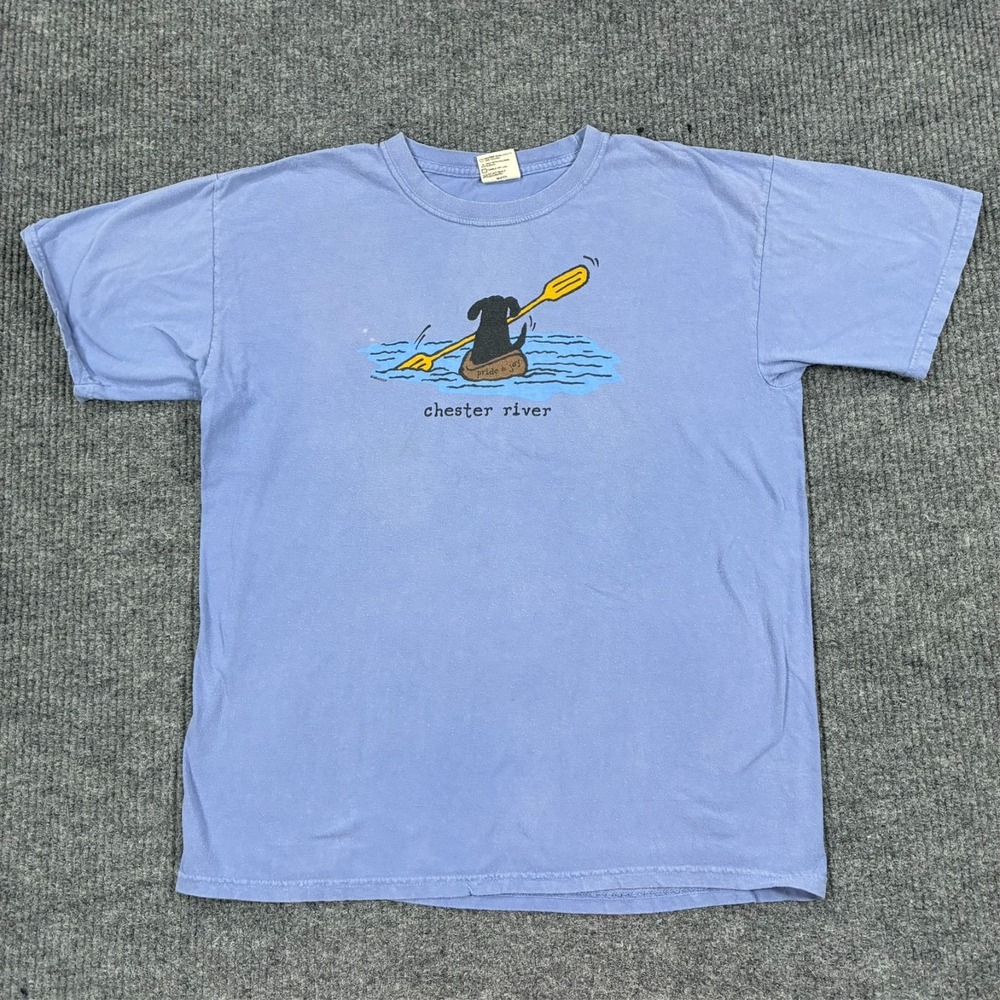 Comfort Colors Chester River Dog Kayak T Shirt Mens Size L Blue Short Sleeve